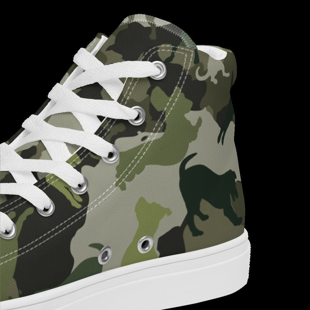 Spot The Dogs, Dog Dad gift, Green Camouflage Dog pattern, Dog Lover, Trendy high top canvas shoes, gift for Dog walker, Dog Groomers gift