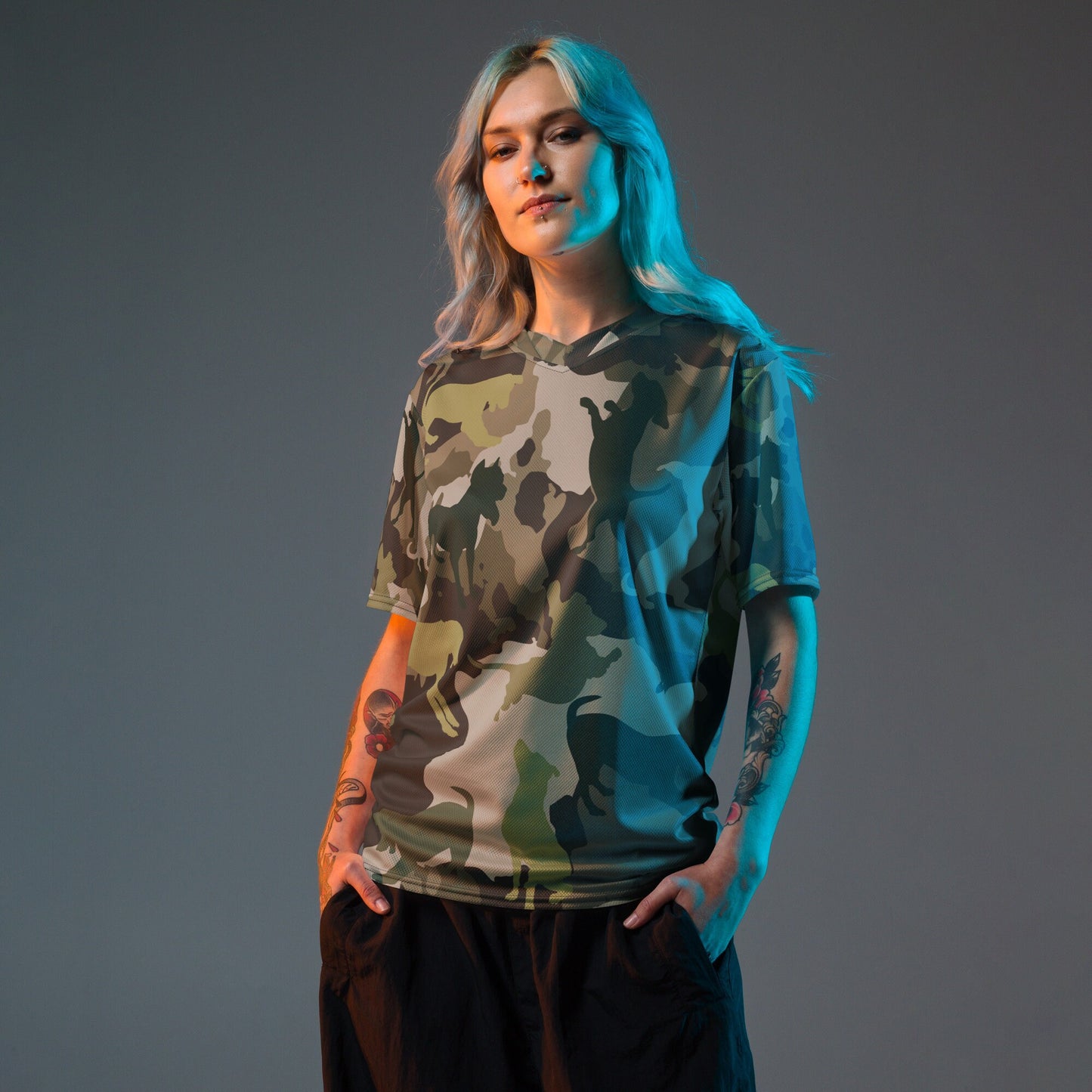 Spot the Dogs - Funky Camouflage Dog print, Rapper Style Fashion, Stylish V-neck tee, Gift for Dog Lover, ECO Recycled unisex T-shirt jersey