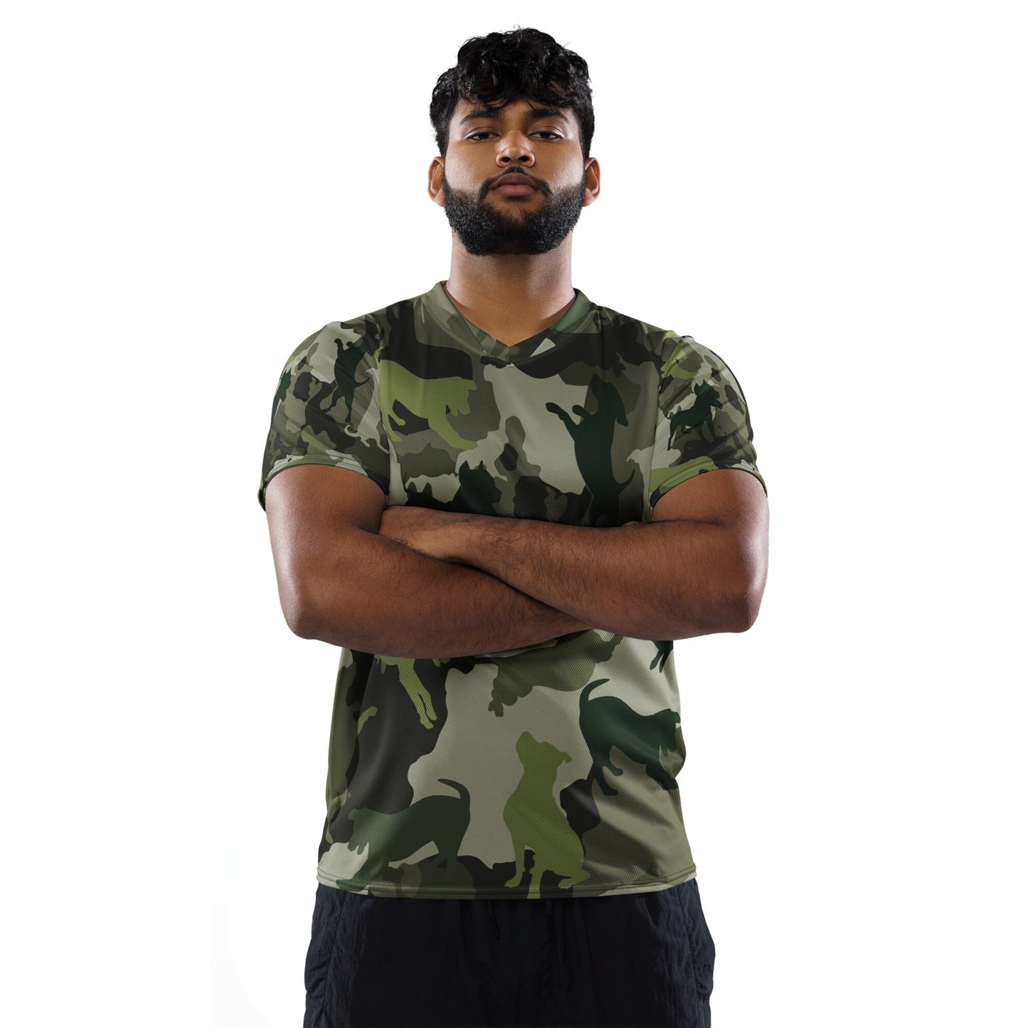 Spot the Dogs - Funky Camouflage Dog print, Rapper Style Fashion, Stylish V-neck tee, Gift for Dog Lover, ECO Recycled unisex T-shirt jersey