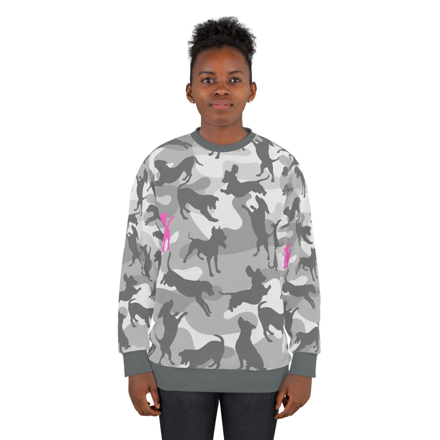 Trendy Grey n Pink Camouflage Dog Mom Sweater, Unisex Ones Size Sweatshirt