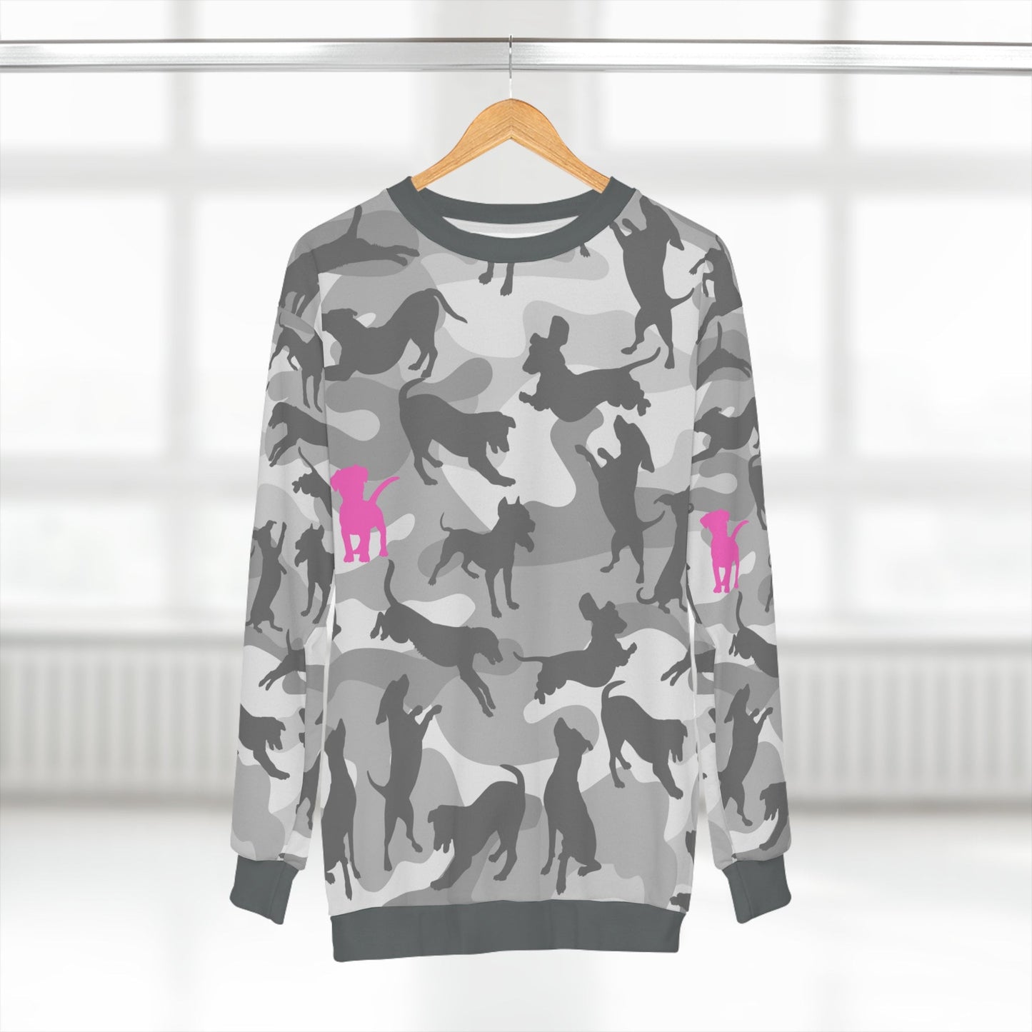 Trendy Grey n Pink Camouflage Dog Mom Sweater, Unisex Ones Size Sweatshirt
