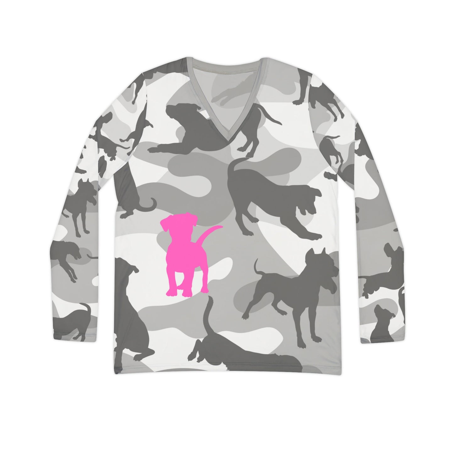 Spot the Dogs All Over Print/Funny Camouflage Grey Pink Dog Shirt/Gift for Dog Mom/Trendy Dog Lover shirt/Dog Walker tee/Women's Long V-neck