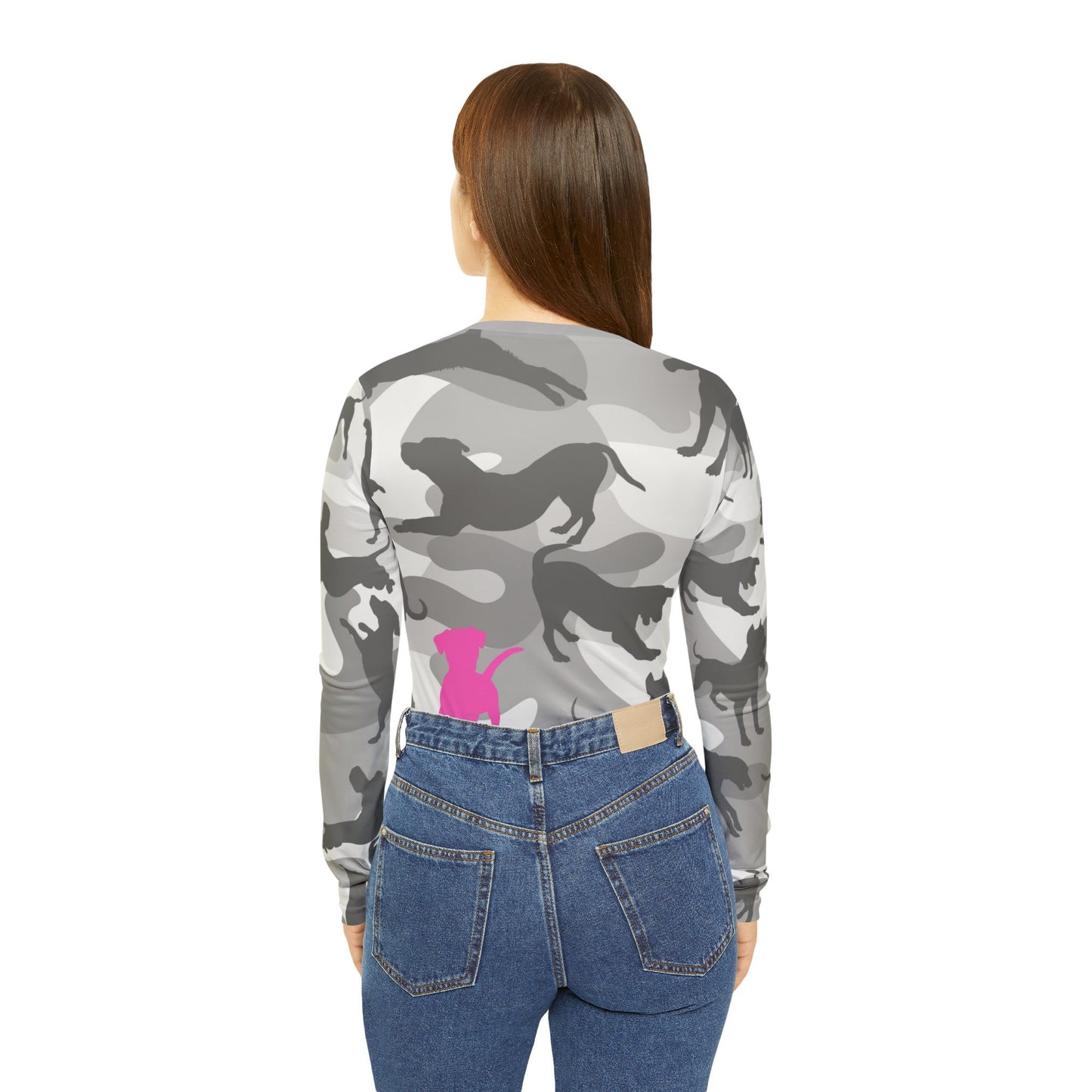 Spot the Dogs All Over Print/Funny Camouflage Grey Pink Dog Shirt/Gift for Dog Mom/Trendy Dog Lover shirt/Dog Walker tee/Women's Long V-neck