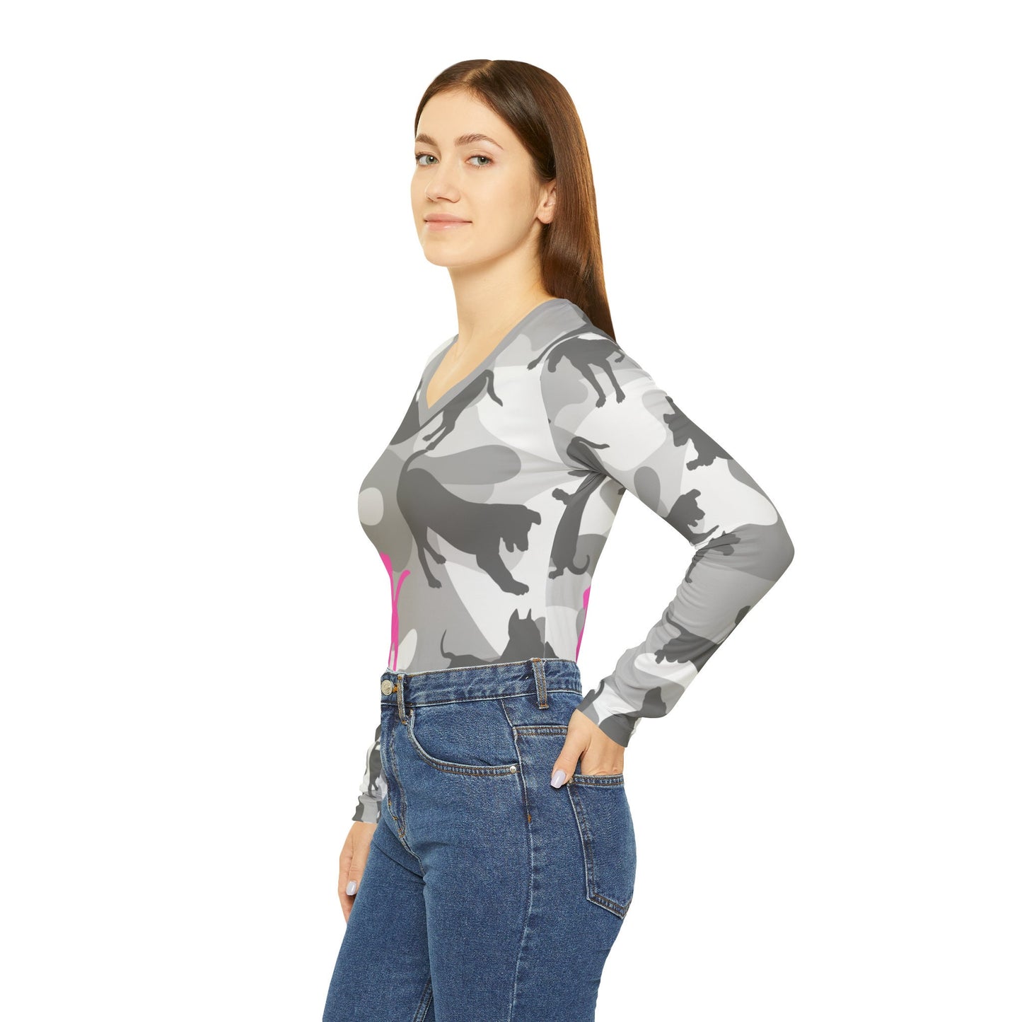 Spot the Dogs All Over Print/Funny Camouflage Grey Pink Dog Shirt/Gift for Dog Mom/Trendy Dog Lover shirt/Dog Walker tee/Women's Long V-neck