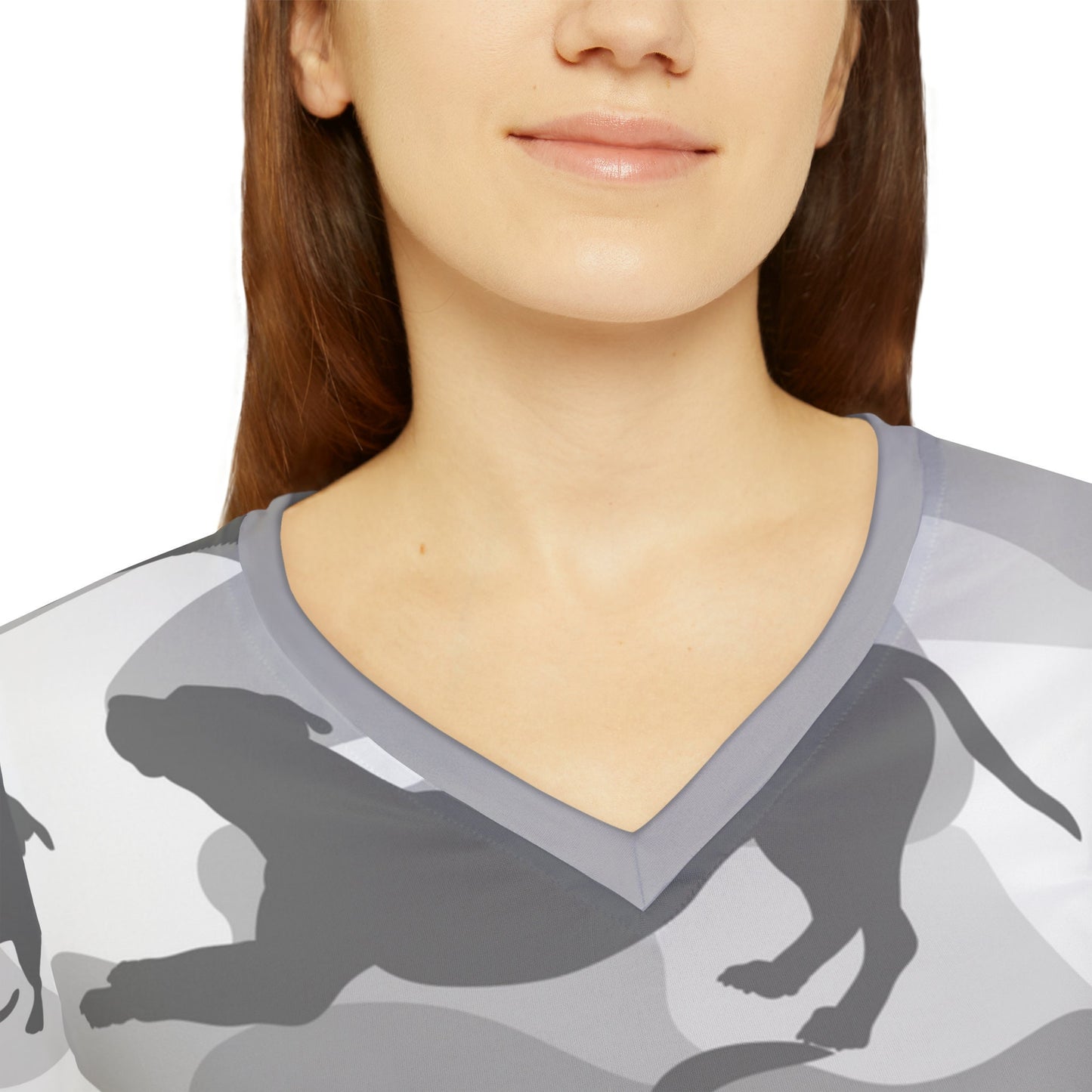 Spot the Dogs All Over Print/Funny Camouflage Grey Pink Dog Shirt/Gift for Dog Mom/Trendy Dog Lover shirt/Dog Walker tee/Women's Long V-neck