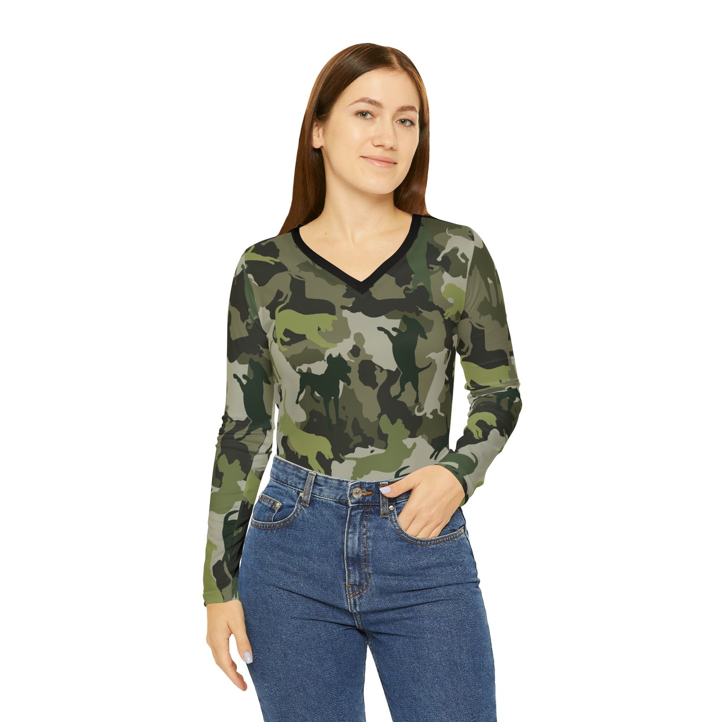 Spot the Dogs All Over Print/Funny Camouflage Dog Shirt/Gift for Dog Mom/Dog Lover t-shirt/Dog Walkers tee/Women's Long Sleeve V-neck Shirt