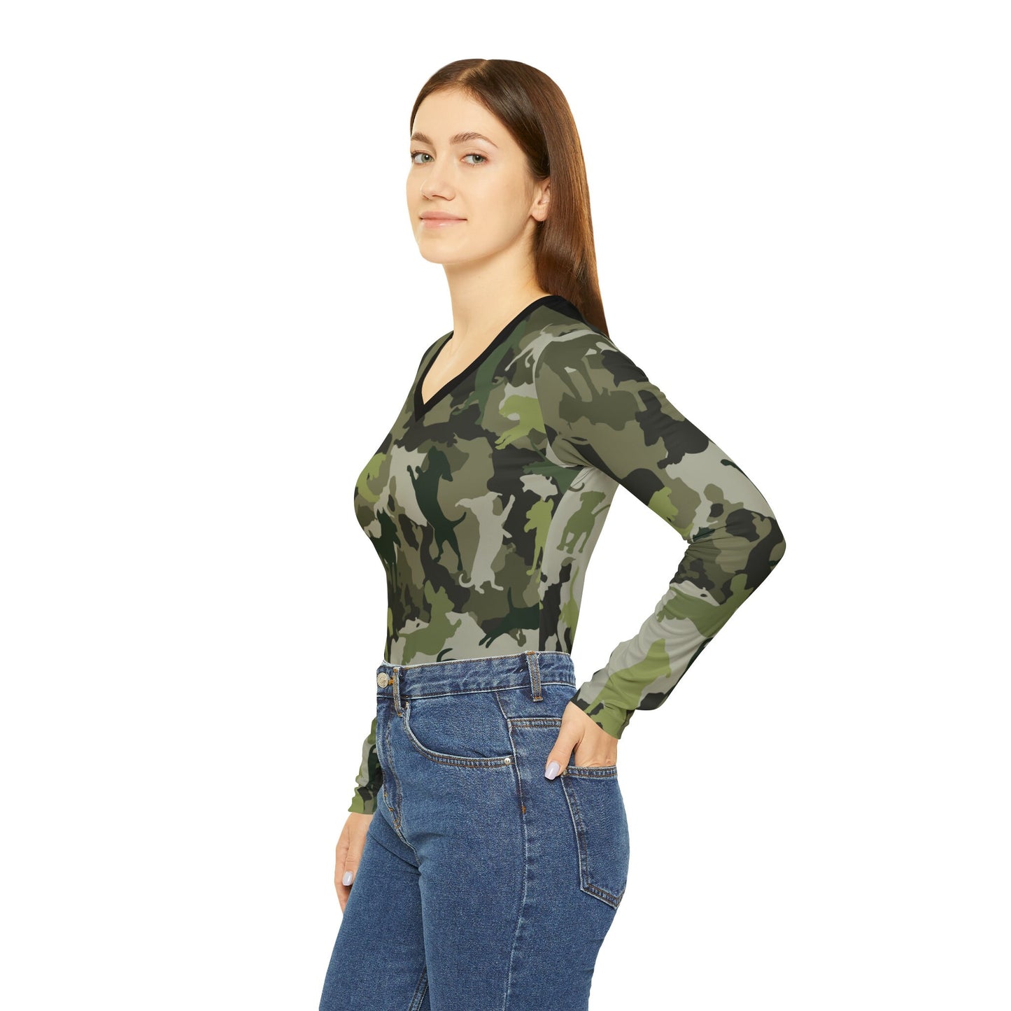 Spot the Dogs All Over Print/Funny Camouflage Dog Shirt/Gift for Dog Mom/Dog Lover t-shirt/Dog Walkers tee/Women's Long Sleeve V-neck Shirt