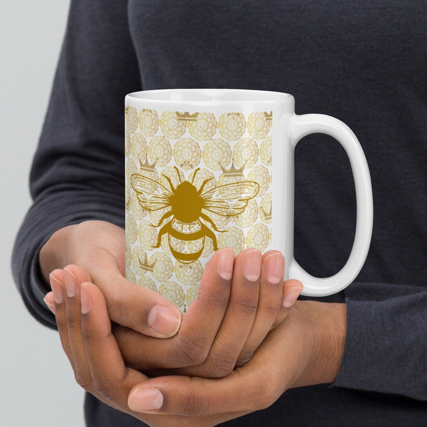 Queen Bee Coffee Mug, Honey Bee Mandala Tee Mug, 2 Sizes Available, Stylish Bee Print, Mug Gift for Her, Work Office Gift, Gift for Teacher
