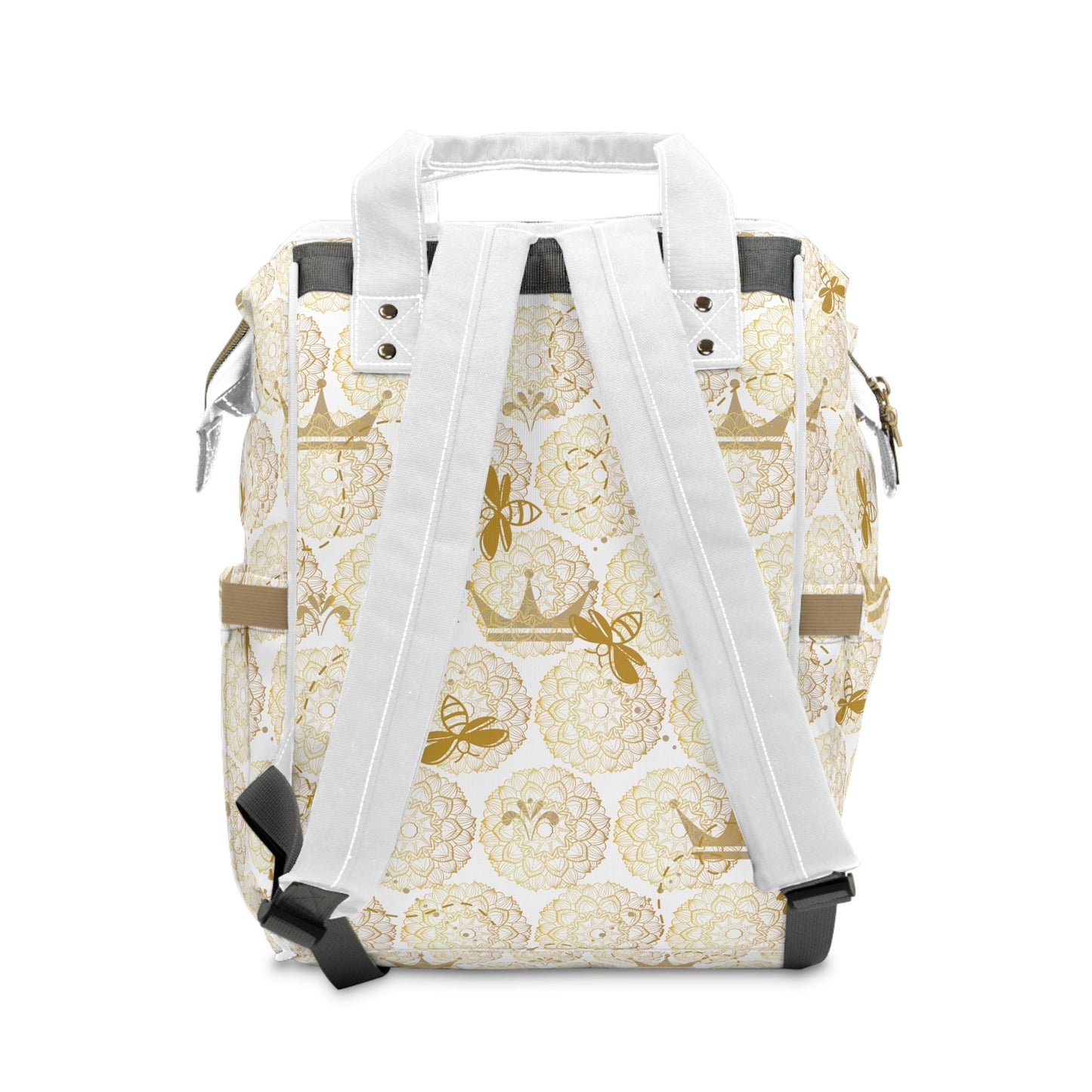 Stylish Diaper Backpack Bag/Queen Bee Print/ Unique Elegant Design/ Woman's Weekend Bag/Multifunctional Bag/White and Gold/Baby Shower Gift