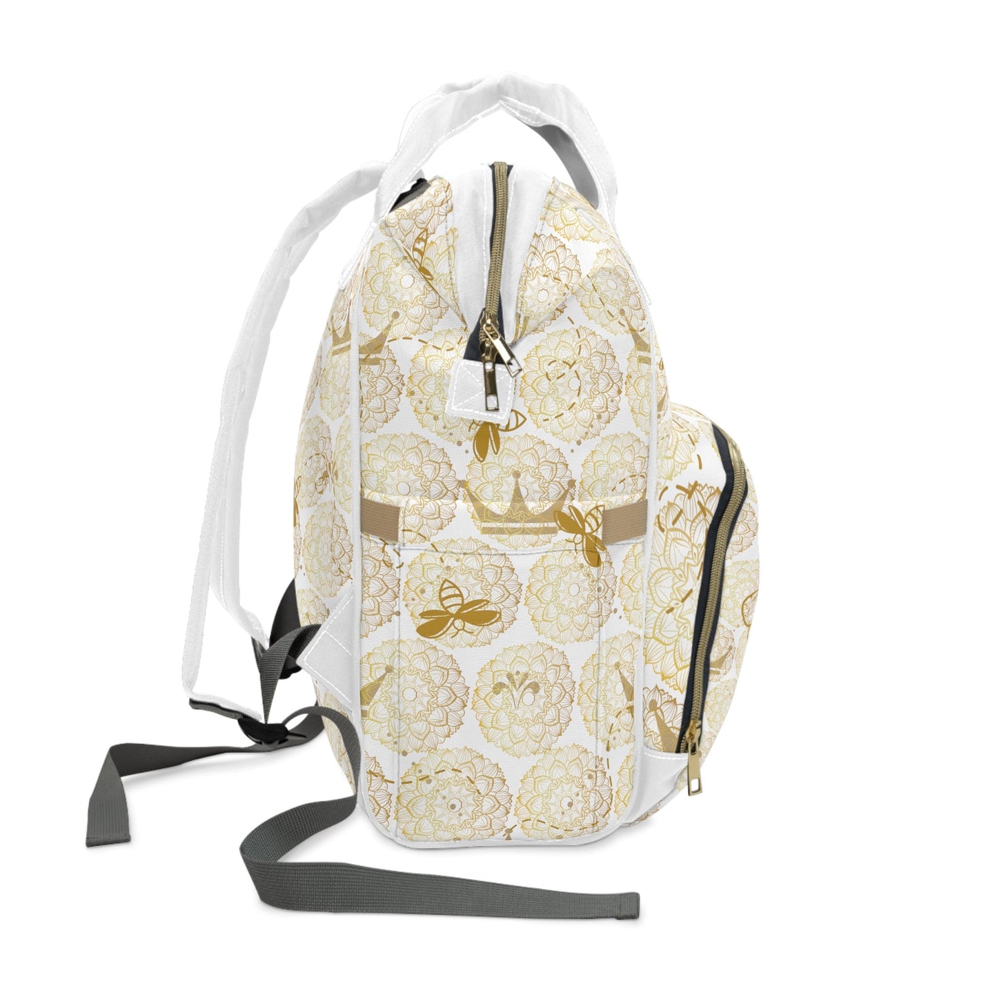 Stylish Diaper Backpack Bag/Queen Bee Print/ Unique Elegant Design/ Woman's Weekend Bag/Multifunctional Bag/White and Gold/Baby Shower Gift
