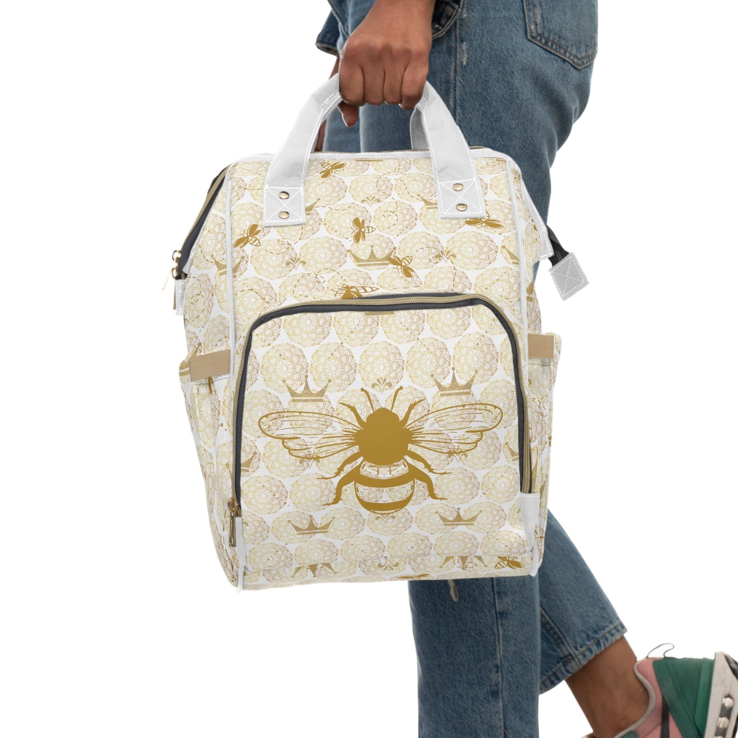 Stylish Diaper Backpack Bag/Queen Bee Print/ Unique Elegant Design/ Woman's Weekend Bag/Multifunctional Bag/White and Gold/Baby Shower Gift
