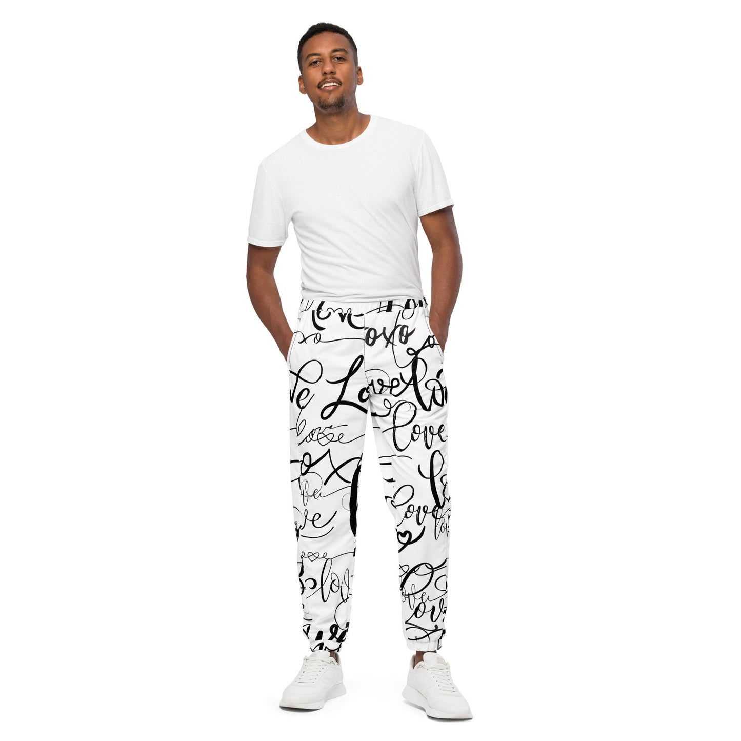 Love Love Love pants /All Over Print Bottoms/Festival Clothing/Trippy Love /Unisex Love Track pants, Black and White Unisex track pants