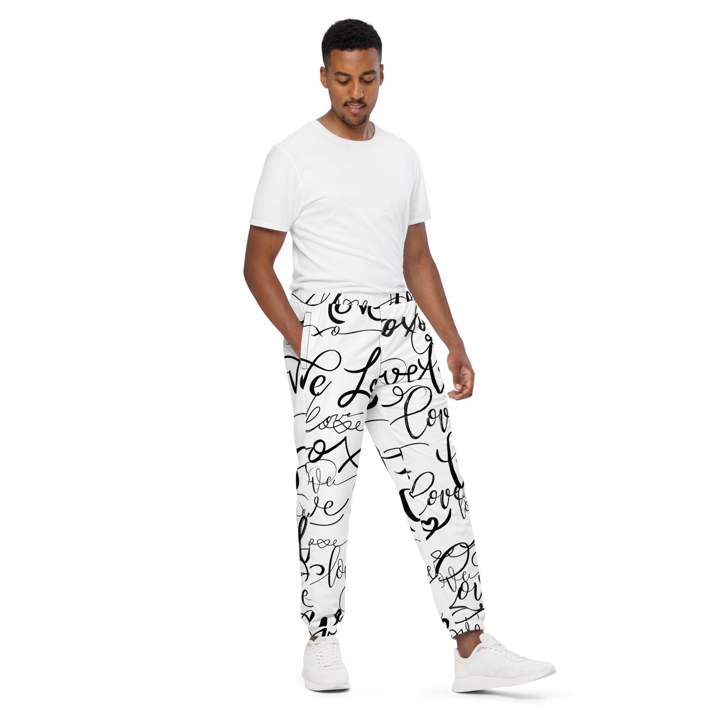 Love Love Love pants /All Over Print Bottoms/Festival Clothing/Trippy Love /Unisex Love Track pants, Black and White Unisex track pants
