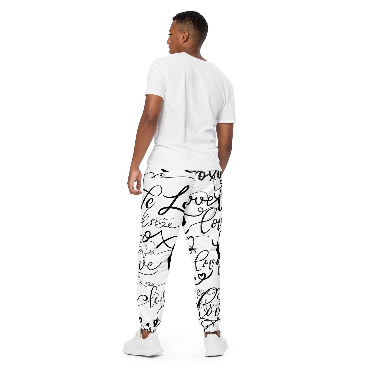 Love Love Love pants /All Over Print Bottoms/Festival Clothing/Trippy Love /Unisex Love Track pants, Black and White Unisex track pants