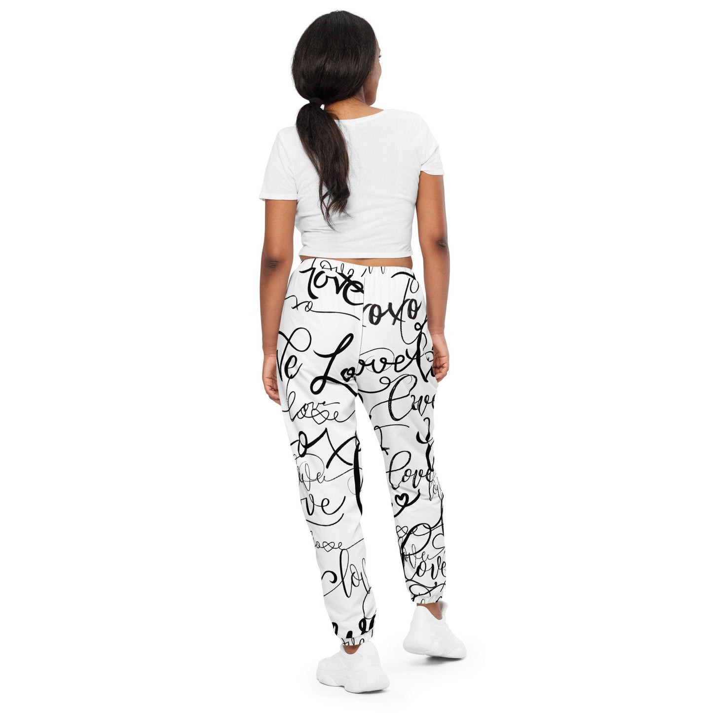 Love Love Love pants /All Over Print Bottoms/Festival Clothing/Trippy Love /Unisex Love Track pants, Black and White Unisex track pants