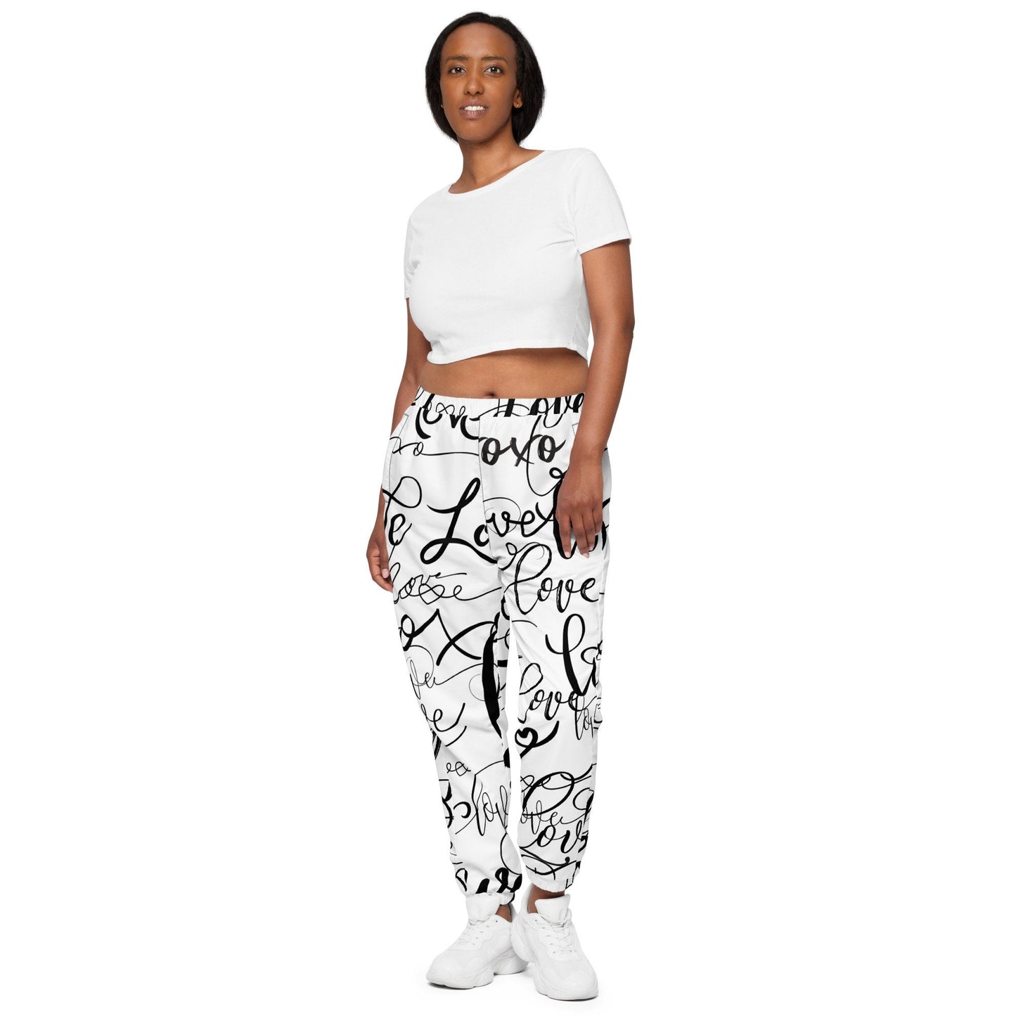 Love Love Love pants /All Over Print Bottoms/Festival Clothing/Trippy Love /Unisex Love Track pants, Black and White Unisex track pants