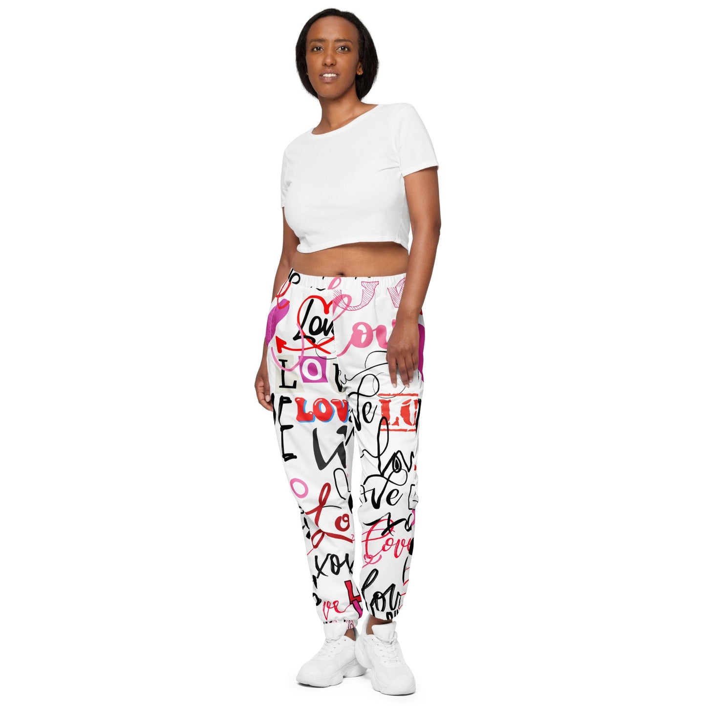Love Love Love pants/All Over Print Bottoms, Festival Clothing/Trippy Love print/Unisex Track pants, Pink Black and White Unisex track pants
