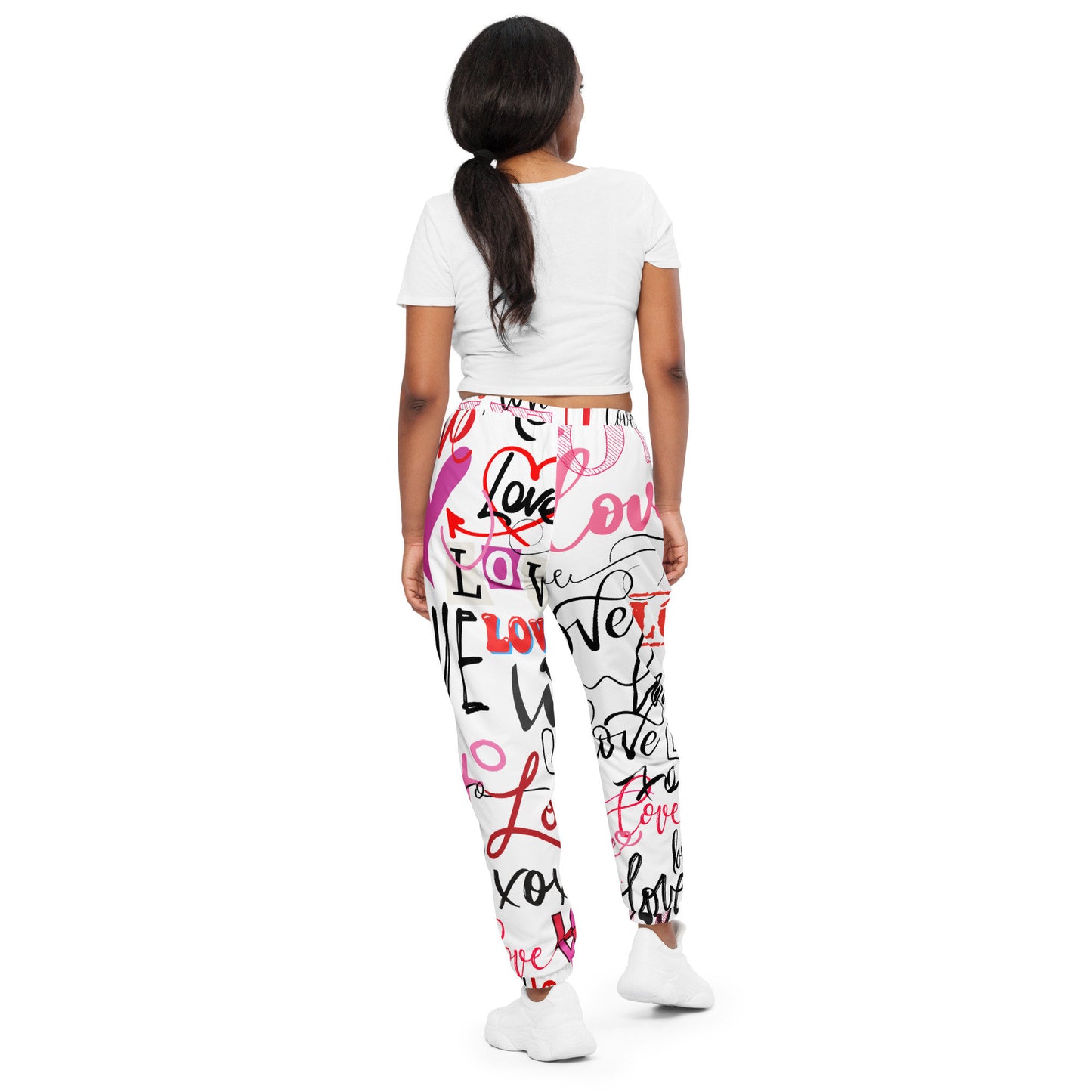 Love Love Love pants/All Over Print Bottoms, Festival Clothing/Trippy Love print/Unisex Track pants, Pink Black and White Unisex track pants