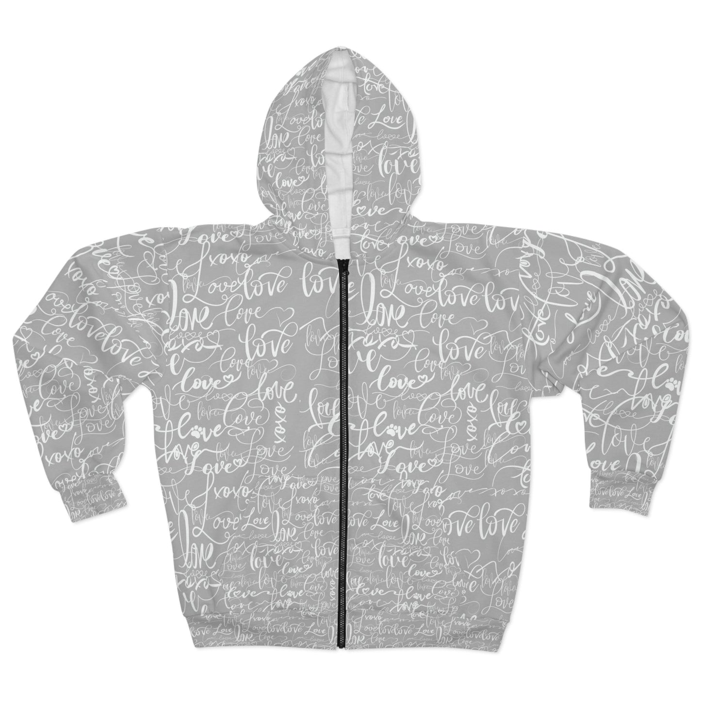 Love Love Love Grey Hoodie, All Over Print Rave Hoodie, Summer Festival Hoodie, Funky Love Design Streetwear Hoodie, Unisex Zip Hoodie (AOP)