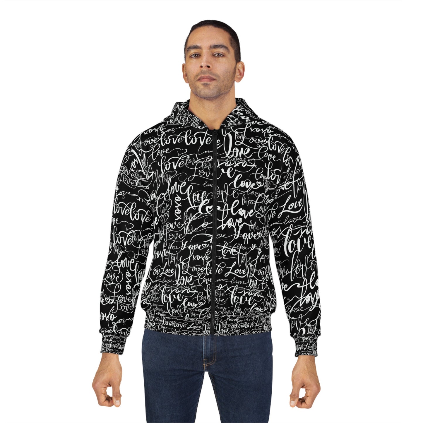 Love Love Love B&W Hoodie, All Over Print Rave Hoodie, Summer Festival Hoodie, Stag Party Hoodie, Streetwear Hoodie, Unisex Zip Hoodie (AOP)