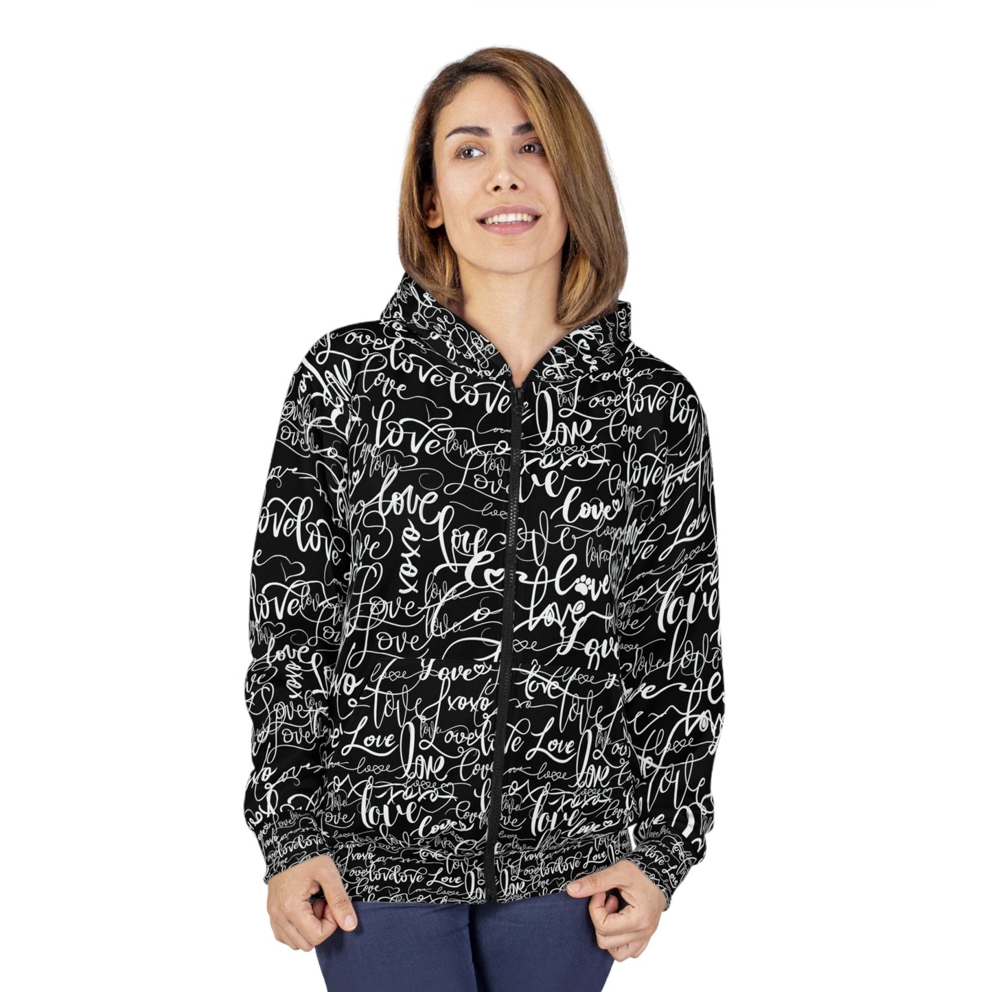 Love Love Love B&W Hoodie, All Over Print Rave Hoodie, Summer Festival Hoodie, Stag Party Hoodie, Streetwear Hoodie, Unisex Zip Hoodie (AOP)