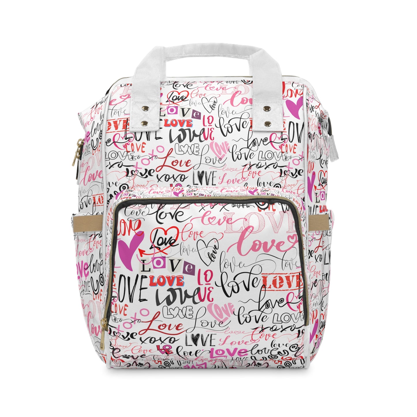 Stylish Backpack Bag/Love All Over Print/ Unique Elegant Design/ Woman's Weekend Bag/Multifunctional Diaper Bag/White with Pinks