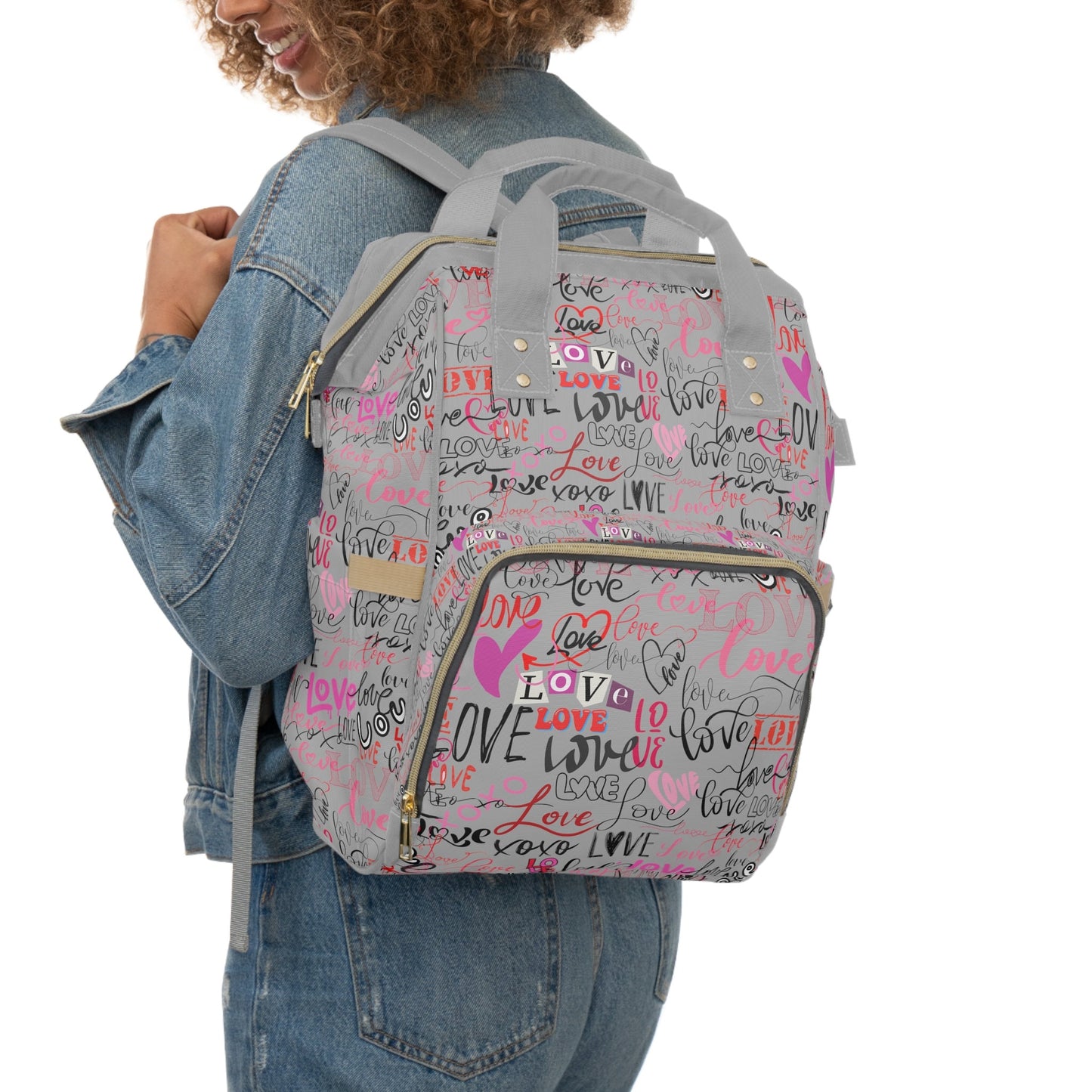 Stylish Baby Backpack Bag/Grey Love Love Print/ Unique Elegant Design/ Woman's Weekend Bag/Multifunctional Diaper Bag, Baby Diaper Backpack