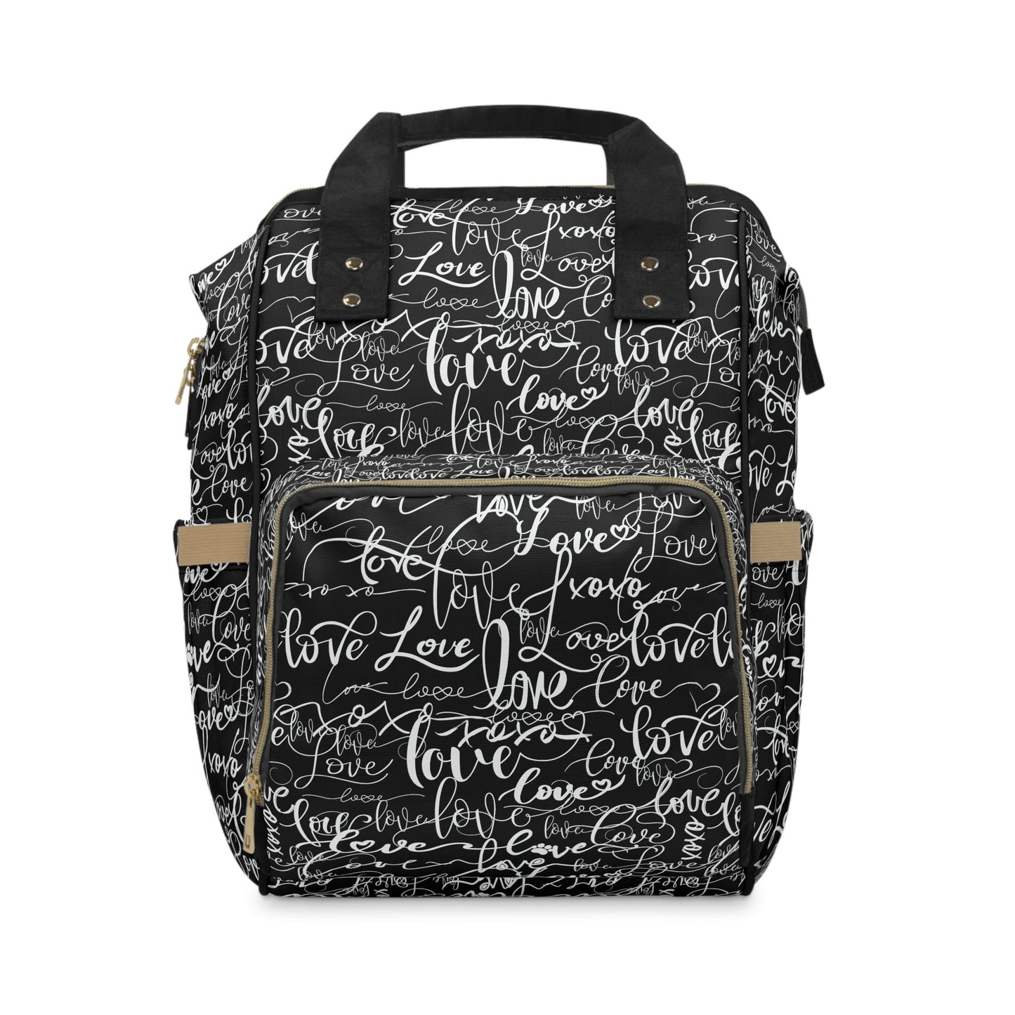 Stylish BackpackDiaper Bag, Love All Over Print/Unique Elegant Design, Woman's Weekend Bag, Multifunctional Diaper Bag, Black and White Bag