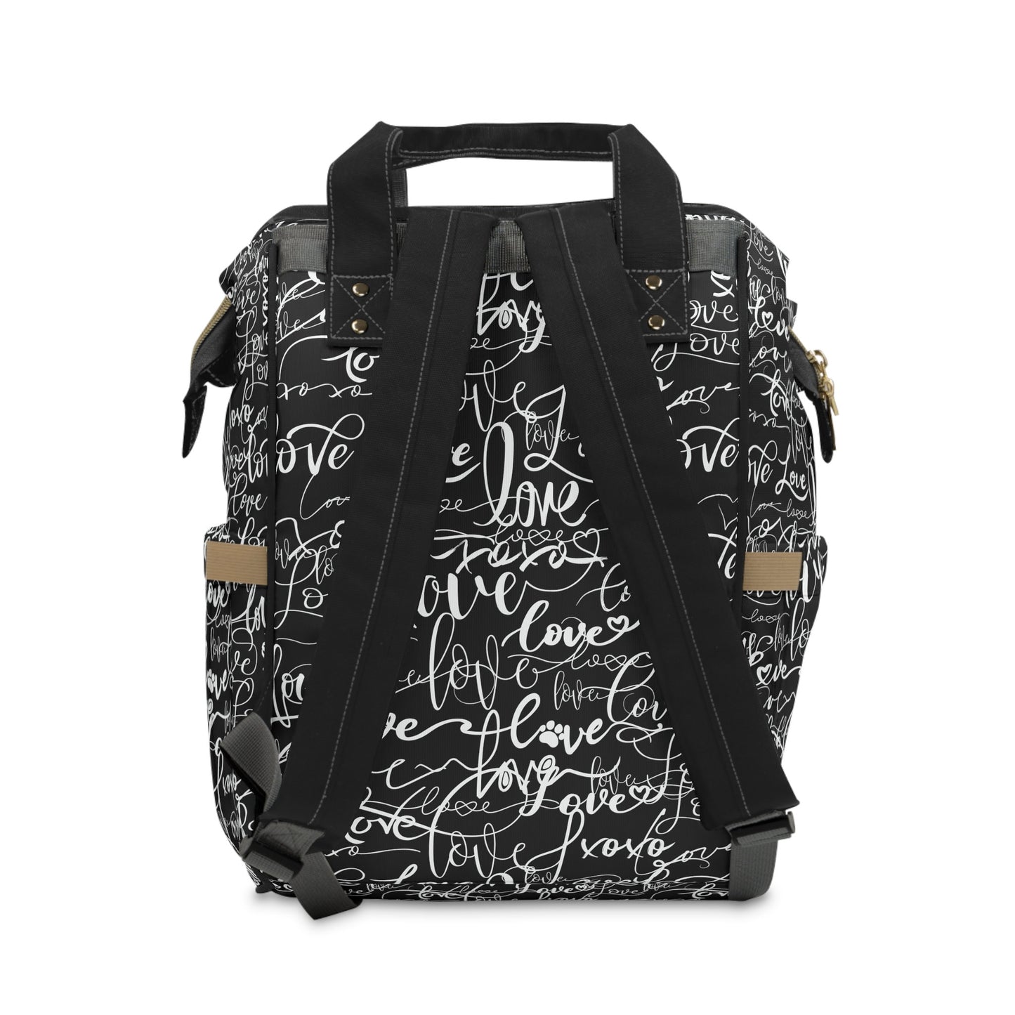 Stylish BackpackDiaper Bag, Love All Over Print/Unique Elegant Design, Woman's Weekend Bag, Multifunctional Diaper Bag, Black and White Bag