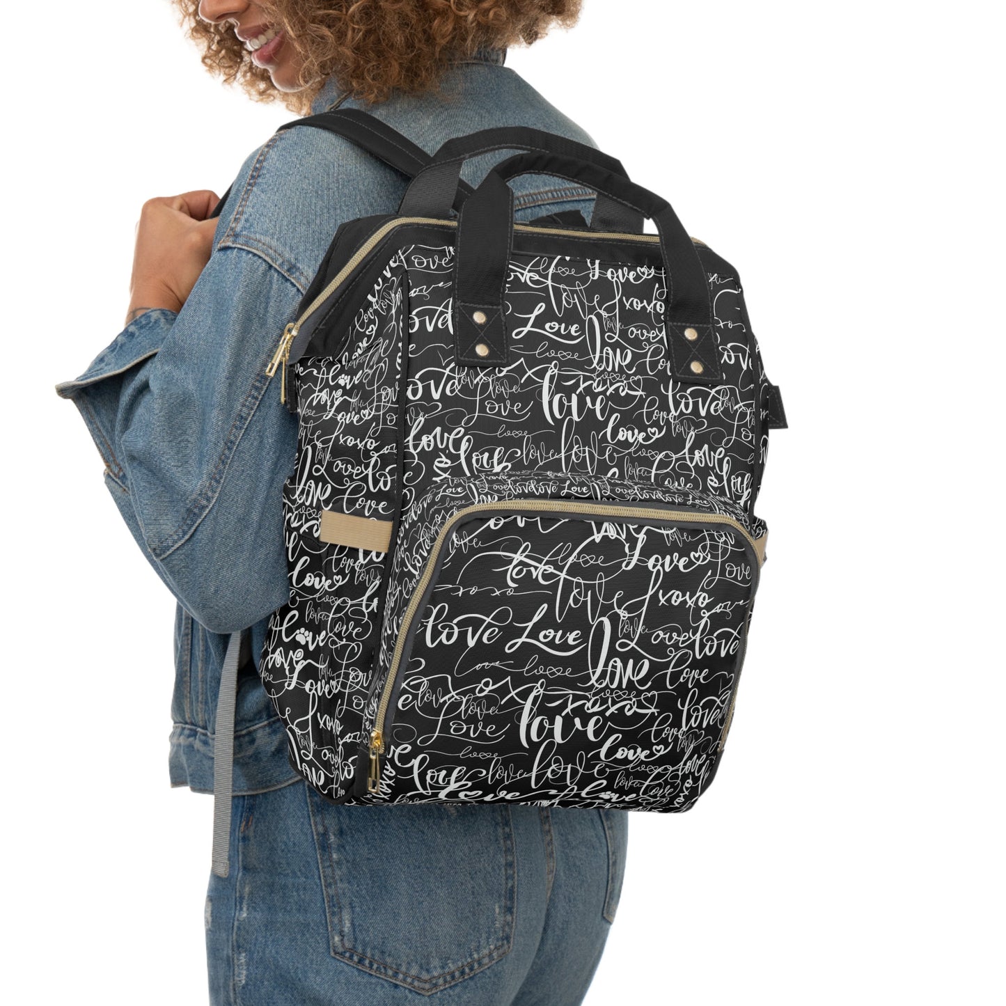 Stylish BackpackDiaper Bag, Love All Over Print/Unique Elegant Design, Woman's Weekend Bag, Multifunctional Diaper Bag, Black and White Bag