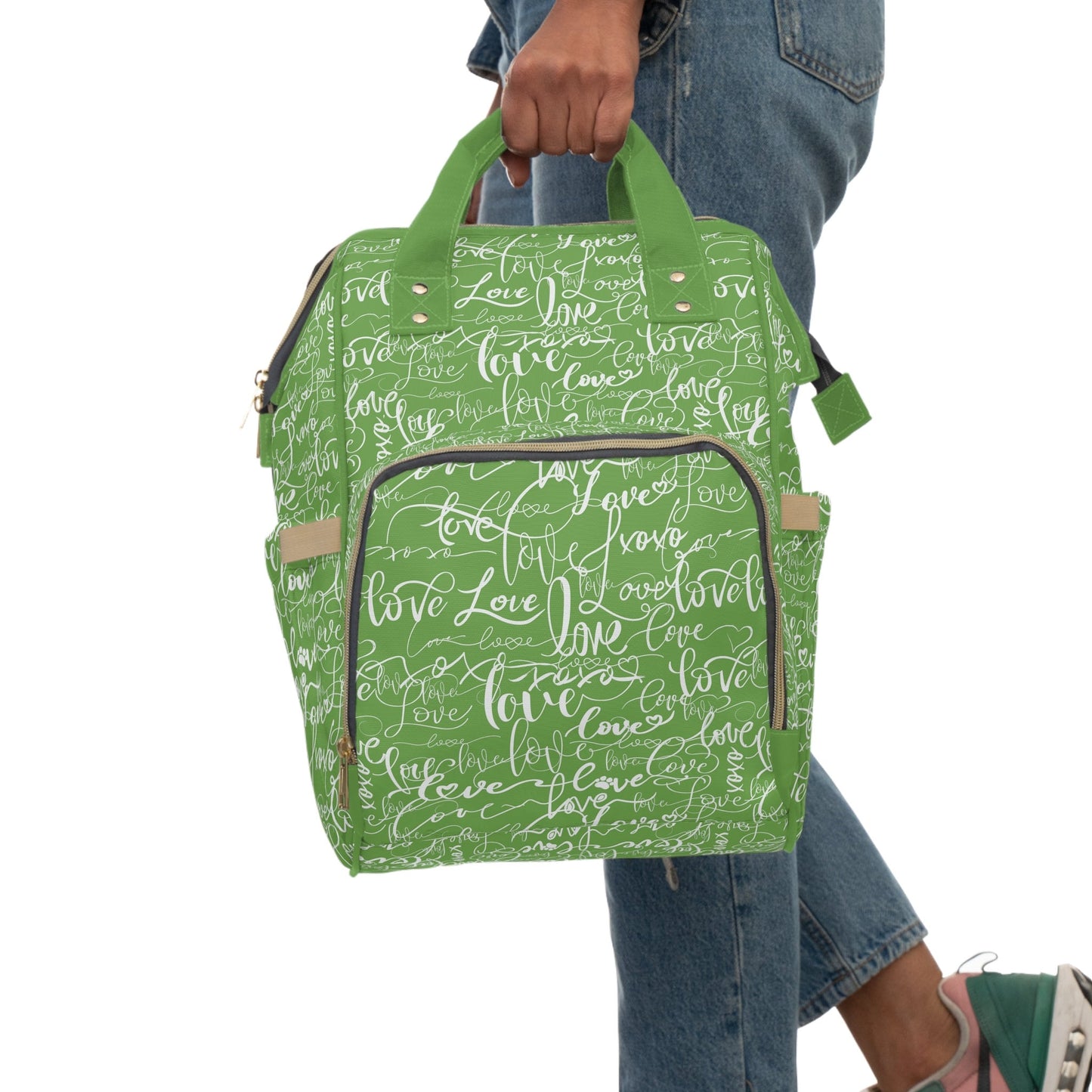 Cool Lime Greenish Backpack Diaper Bag/Love All Over Print/Unique Elegant Design/ Woman's Weekend Bag/Multifunctional Diaper Bag/ Love Print