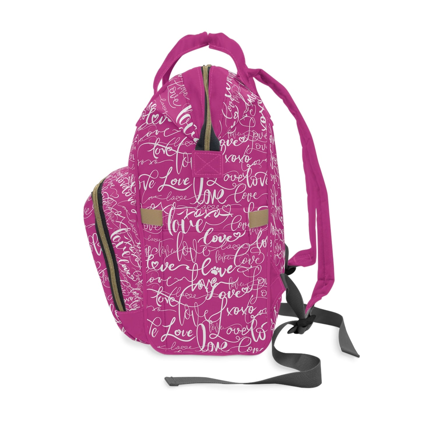 Trendy Deep Pink Backpack Diaper Bag/Love All Over Print/Unique Elegant Design/ Woman's Weekend Bag/Multifunctional Baby Diaper Bag