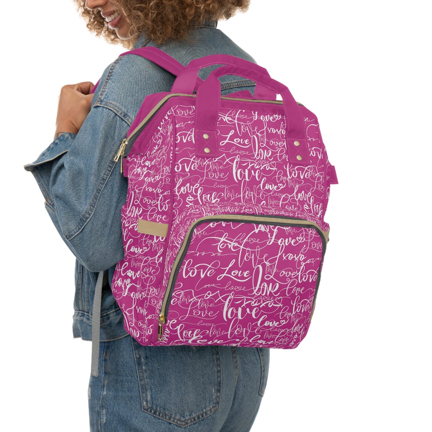 Trendy Deep Pink Backpack Diaper Bag/Love All Over Print/Unique Elegant Design/ Woman's Weekend Bag/Multifunctional Baby Diaper Bag