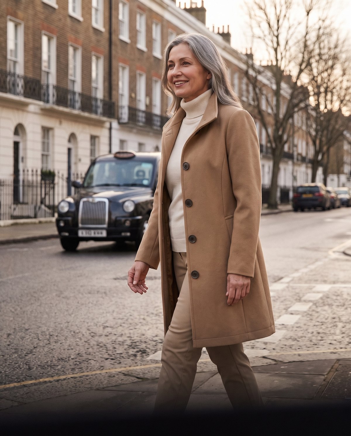 Camel wool coat worn over a cream roll neck