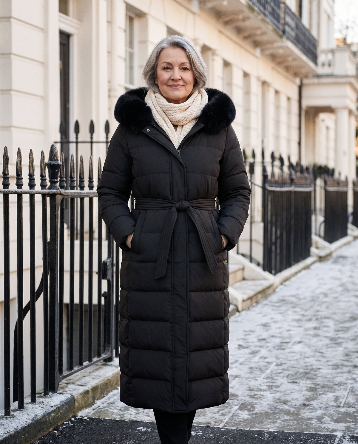 Long black belted puffer coat with fur-trimmed hood