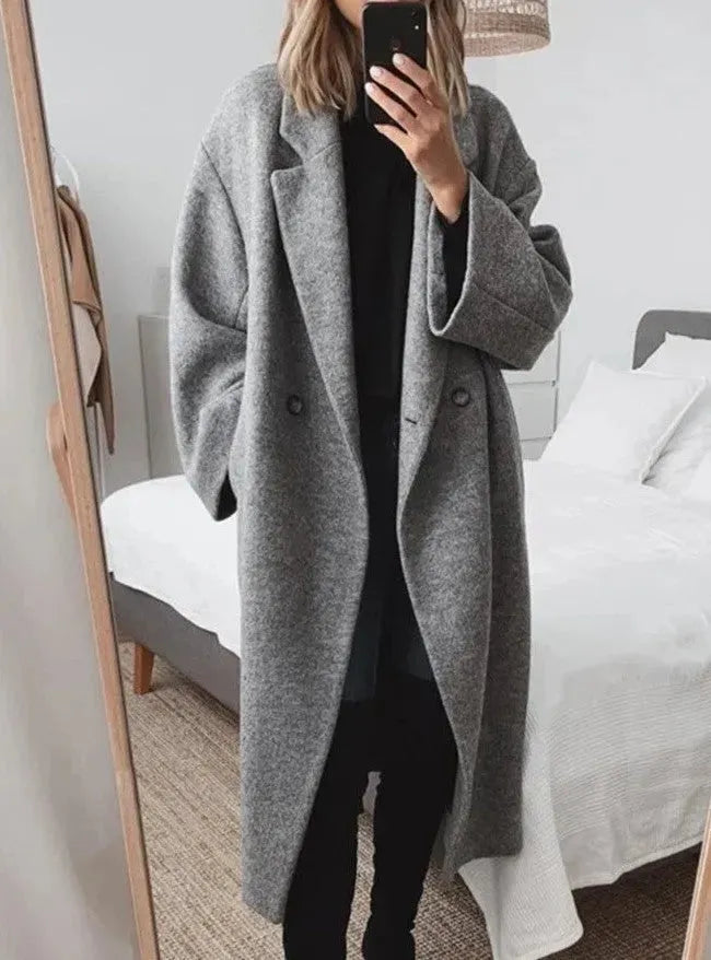 Valentina | Black Oversized Longline Double Breasted Wool Coat — Grey