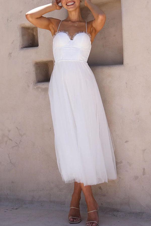 Amandine | White Tulle Corset Midi Dress Sweetheart Neckline