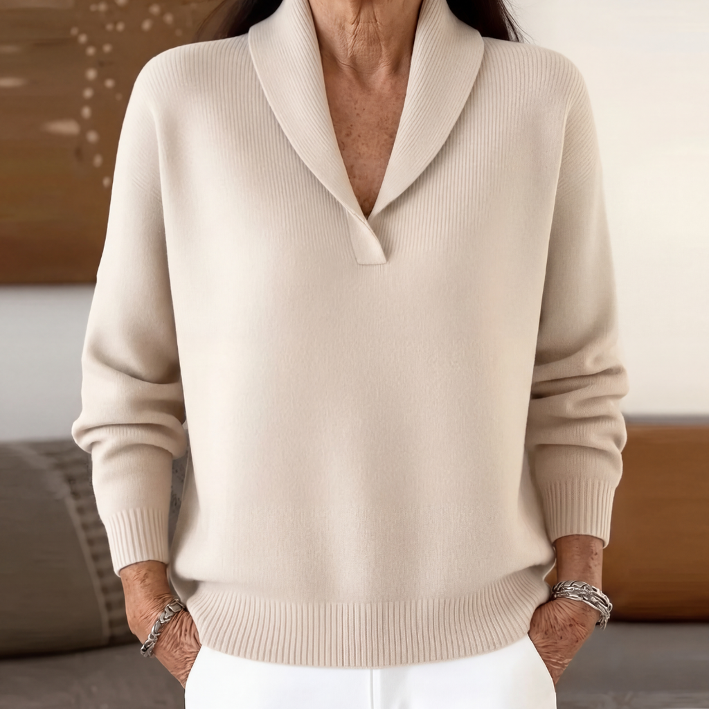Cordelia | Cashmere Wool V Neck Roll Jumper Winter Knitwear — Cream