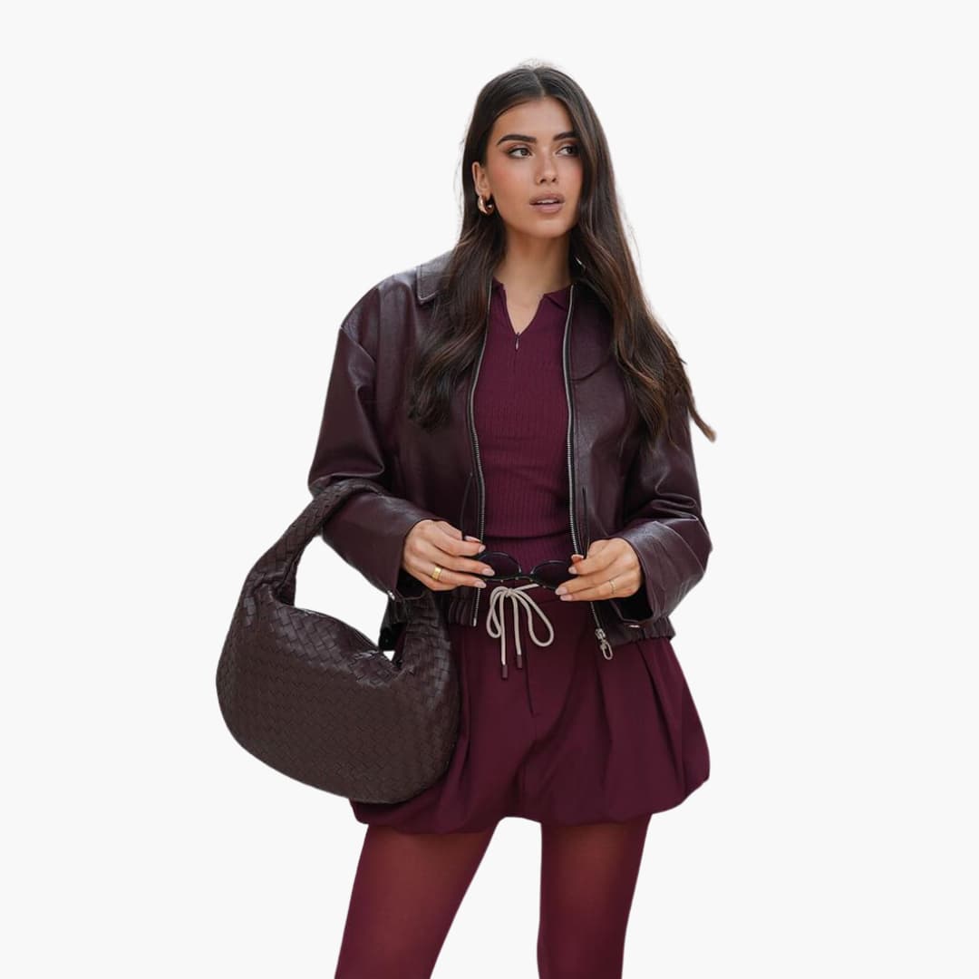 Maelys | Women Burgundy Leather Bomber Jacket