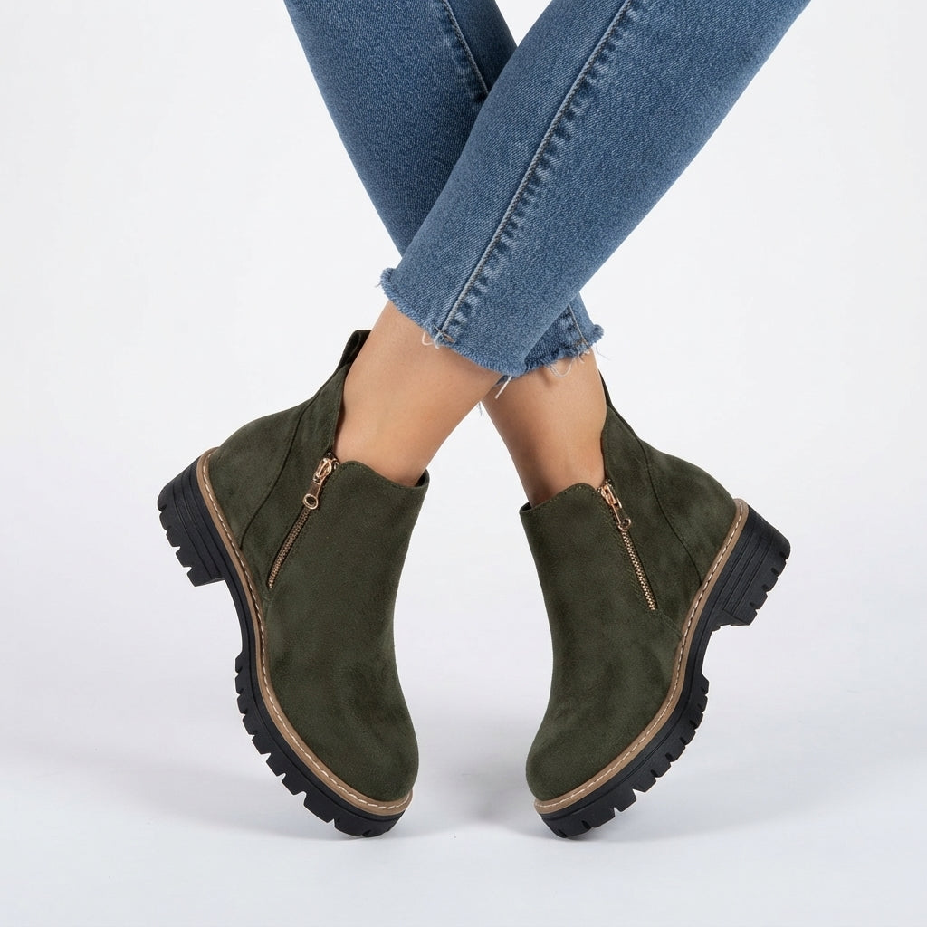 Floriane | Flat Heeled Ankle Boots in Black & Brown — Green