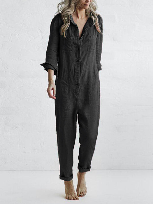 Amandine | Comfy Long Sleeve Cotton Jumpsuit With Pockets