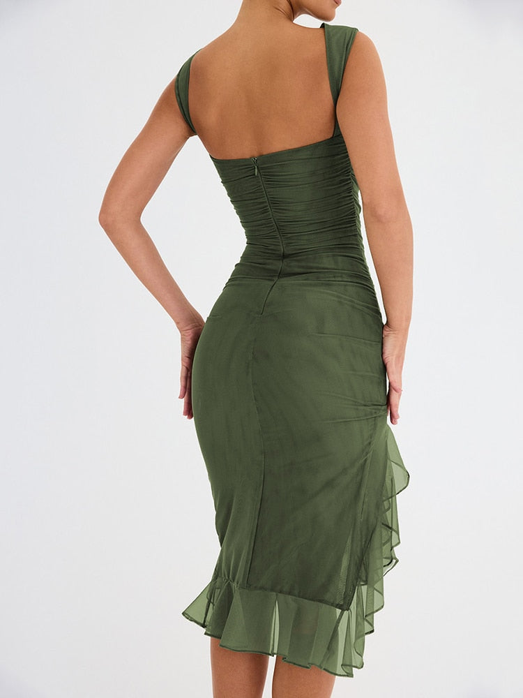 Ophelia | Long Sleeve Ruffle Midi Dress For Daytime Elegance