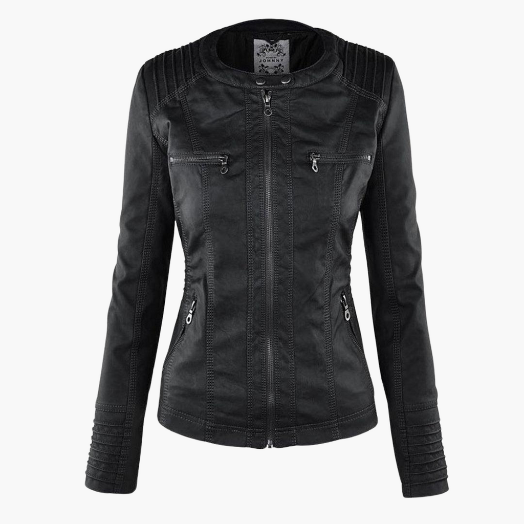 Beatrix | Black Faux Leather Jacket with Fur Trim for Edgy Style