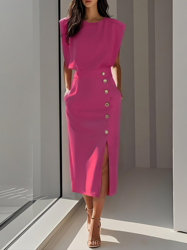 Octavia | Women Formal Midi Dress With Button Slit Detail — Blush Pink