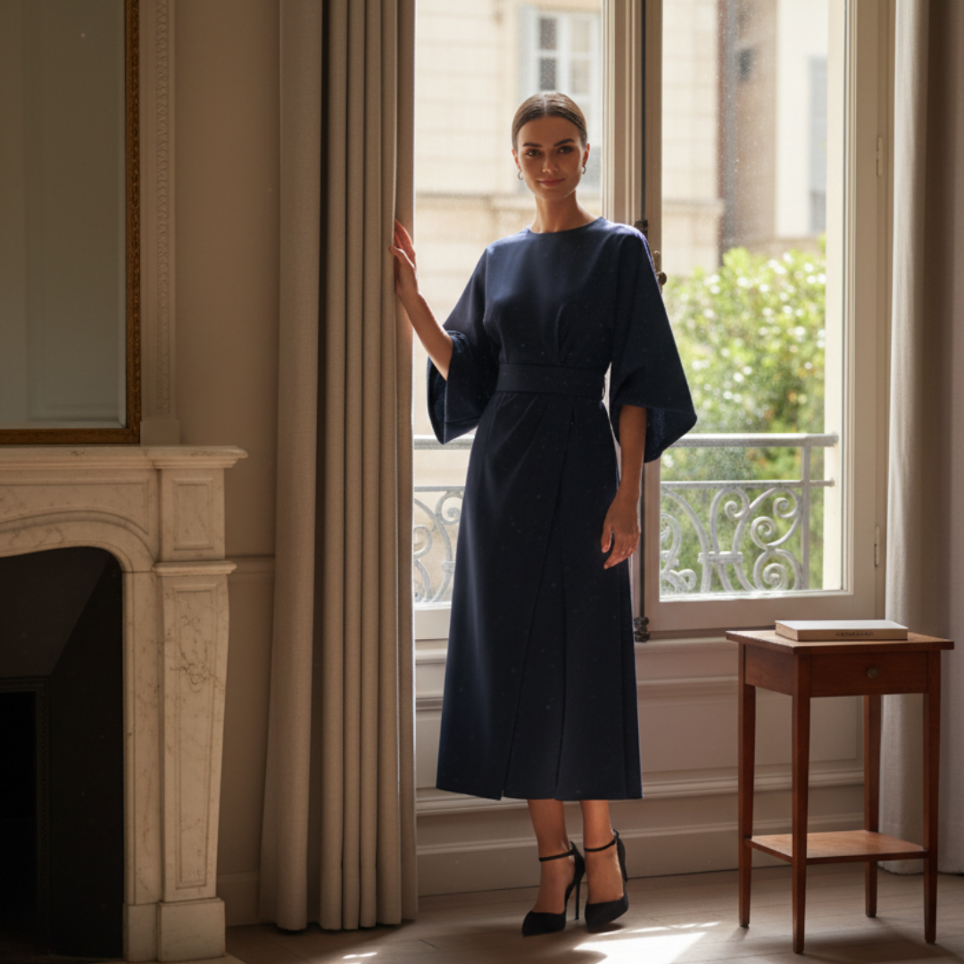 Clemence | Wrap Midi Dress With Wide Sleeves For Wedding Guests