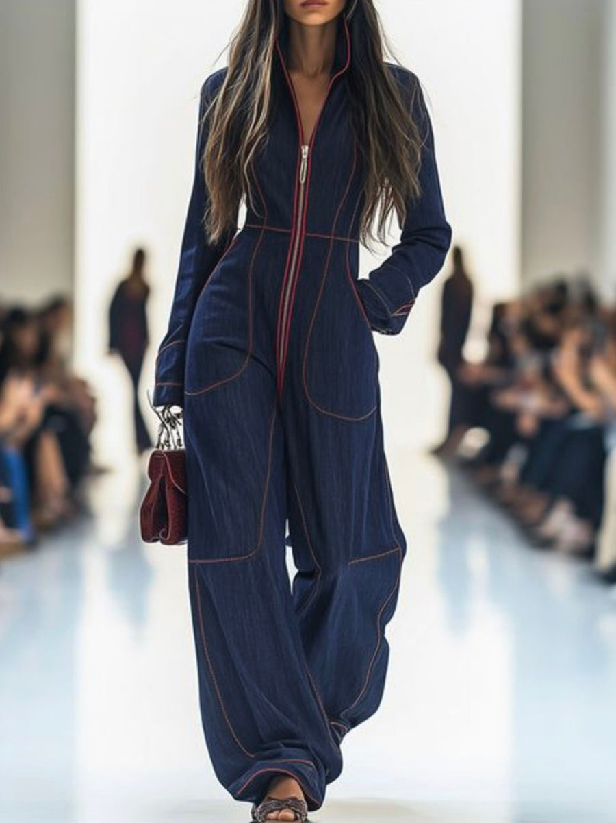 Josephine | Long Sleeve Wide Leg Denim Jumpsuit White Strapless
