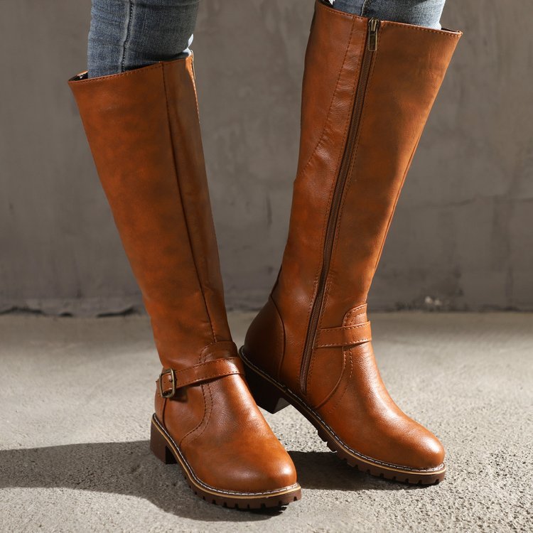 Vivienne | Black Leather Knee High Riding Boots — Brown
