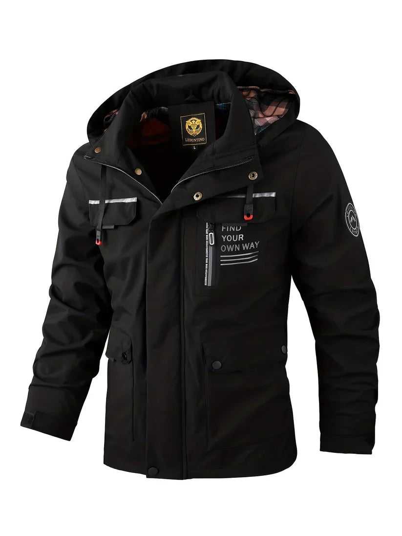 Percival | Men Winter Puffer Jacket Coat Hooded Leather Trim — Black