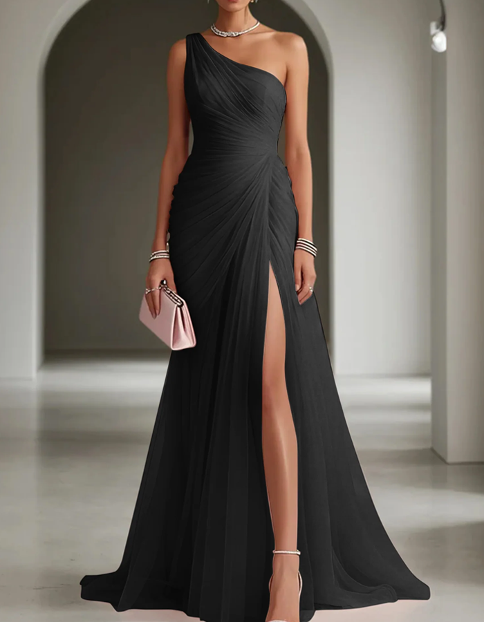 Ursula | Pleated Chiffon Maxi Dress One Shoulder Wedding Guest