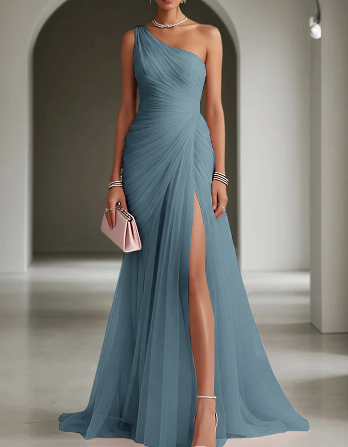 Ursula | Pleated Chiffon Maxi Dress One Shoulder Wedding Guest